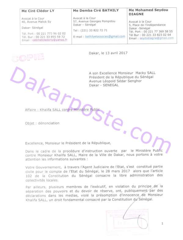 Voici la lettre que les avocats de Khalifa Sall ont adressé au Pr Macky Sall  !