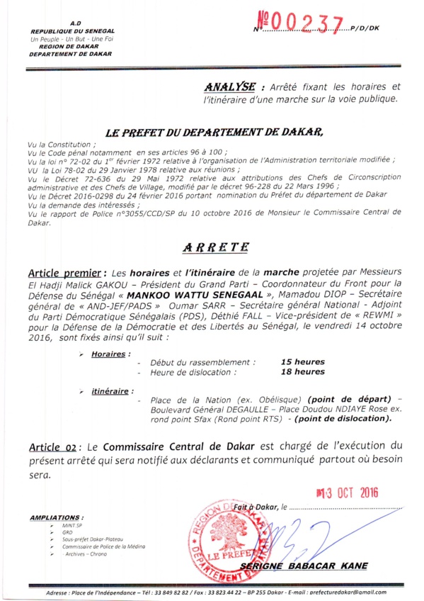 Le Préfet du Département de Dakar autorise la marche de Manko Wattu Senegaal