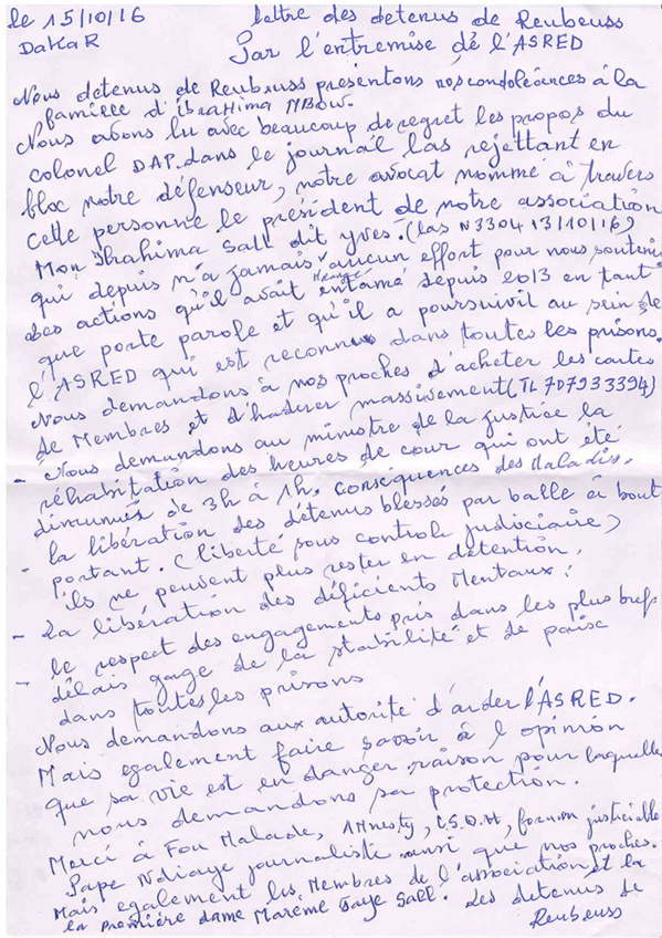 VOICI LA LETTRE ÉCRITE PAR LES DÉTENUS DE REBEUSS POUR RÉCLAMER DE MEILLEURES CONDITIONS D’EXISTENCE VOICI LA LETTRE ÉCRITE PAR LES DÉTENUS DE REBEUSS POUR RÉCLAMER DE MEILLEURES CONDITIONS D’EXISTENCE