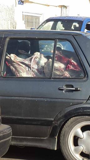 Ca se passe au Sénégal: une voiture délabrée remplie de viande que l'on suppose destinée à la consommation, sans remplir les normes de conservation