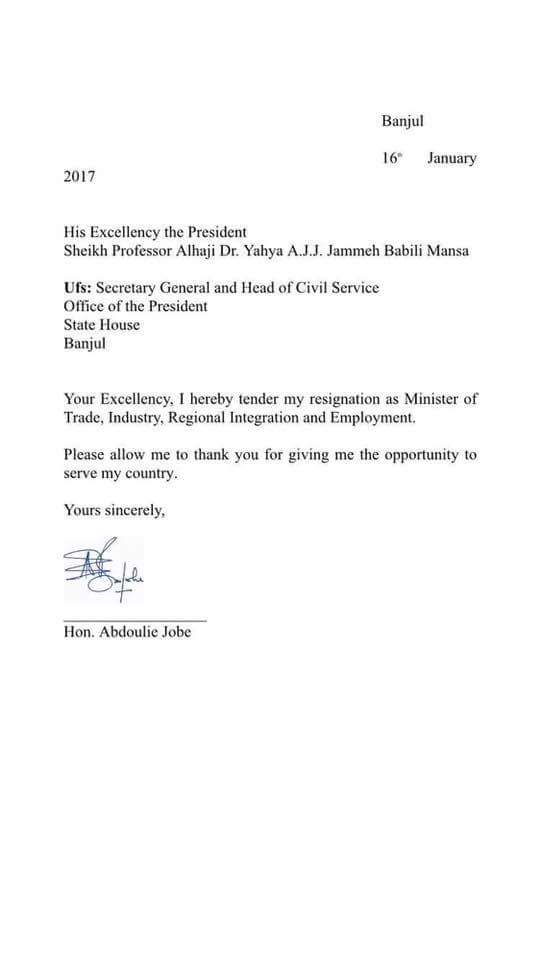 Voici la  lettre de démission du ministre Gambien du commerce abdou jobe !