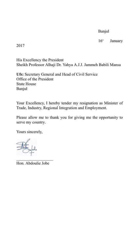 Voici la lettre de démission du ministre Gambien du commerce abdou jobe ! Voici la lettre de démission du ministre Gambien du commerce abdou jobe !