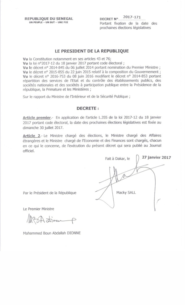 Voici le décret fixant la date des élections législataives à la date du 30 Juillet 2017