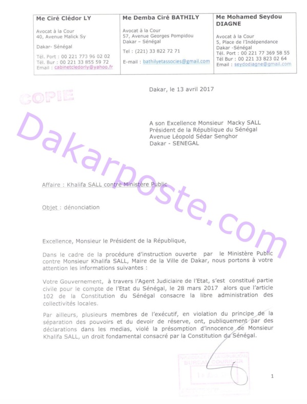 Voici la lettre que les avocats de Khalifa Sall ont adressé au Pr Macky Sall  ! Voici la lettre que les avocats de Khalifa Sall ont adressé au Pr Macky Sall  !