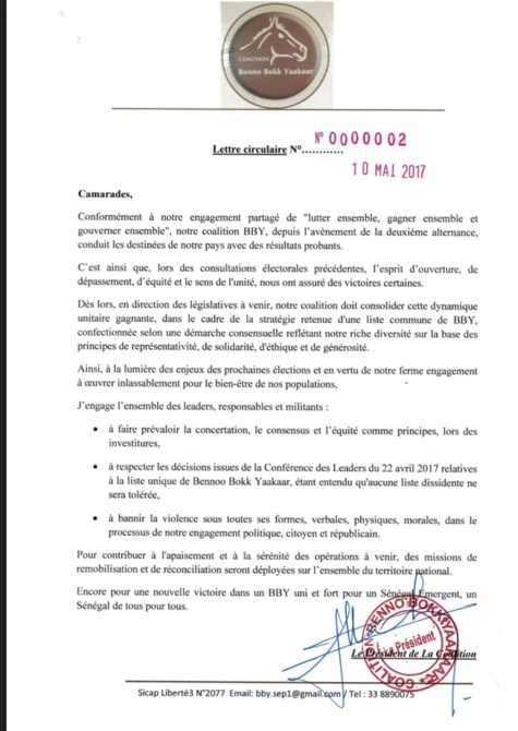 Législatives 2017 : Macky Sall préconise des recommandations à ses alliés de Benno Bokk Yakaar (DOCUMENT) Législatives 2017 : Macky Sall préconise des recommandations à ses alliés de Benno Bokk Yakaar (DOCUMENT)