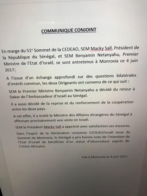 Relations Sénégal -Israël: Benyamin Netanyahou fait marche en arrière (Document)