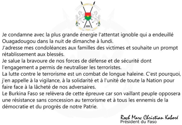 Le message du Pr Kaboré après l'attaque terroriste au Burkina Le message du Pr Kaboré après l'attaque terroriste au Burkina