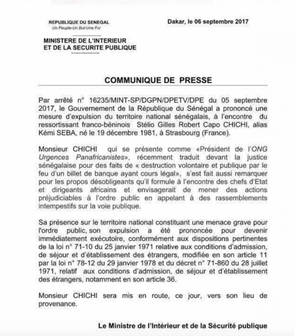 DOCUMENT L'arrêté d'expulsion de Kémi Séba