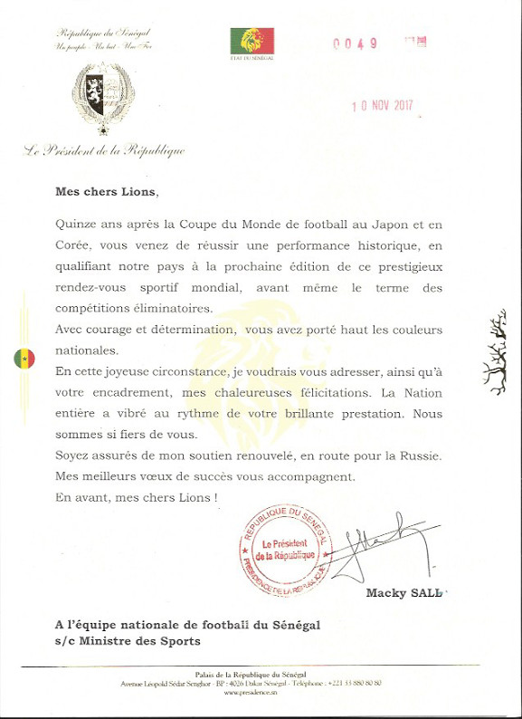 Qualification au mondial 2018: Macky trés content, écrit aux Lions Qualification au mondial 2018: Macky trés content, écrit aux Lions