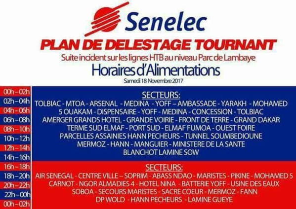 Voici le Plan de délestage tournant de la Sénélec