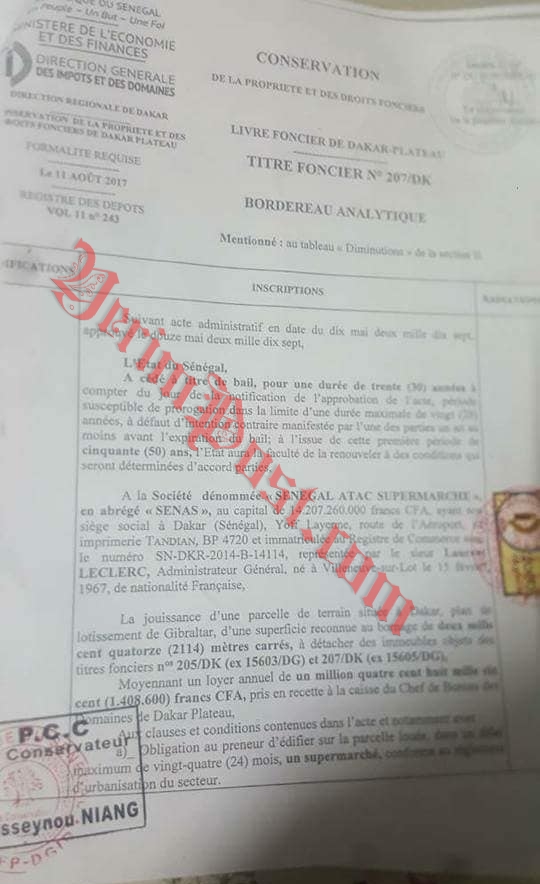 Casse du siècle: 2 114 m² donnés en location par l’État à Auchan à 117 383 fcfa/mois (document)