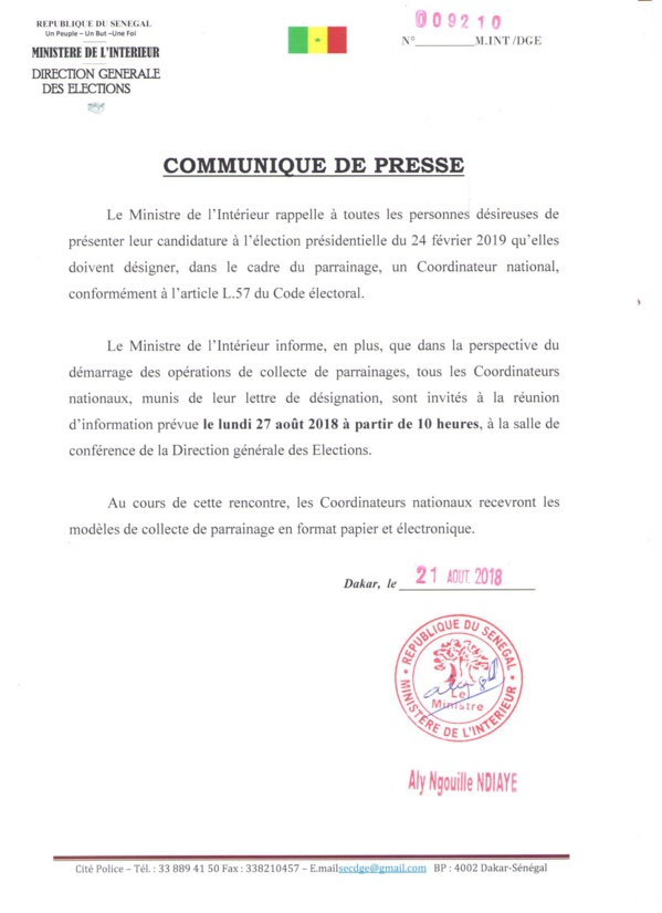 Collecte pour le parrainage : Le ministre de l’Intérieur appelle les candidats à avoir des coordonnateurs nationaux (DOCUMENT)
