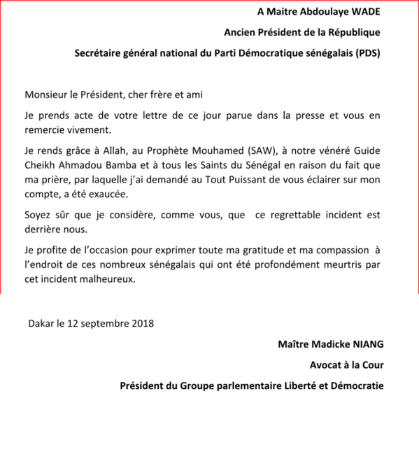 LETTRE OUVERTE : Me Madické Niang accepte les excuses de Me Abdoulaye Wade LETTRE OUVERTE : Me Madické Niang accepte les excuses de Me Abdoulaye Wade