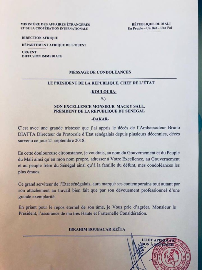 Le message de condoléance du Président Ibrahima Boubacar Keita