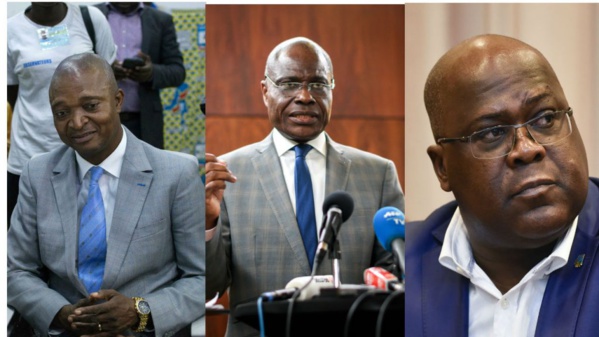 De gauche à droite, Emmanuel Ramazani Shadary, Martin Fayulu, Félix Tshisekedi John Thys De gauche à droite, Emmanuel Ramazani Shadary, Martin Fayulu, Félix Tshisekedi John Thys