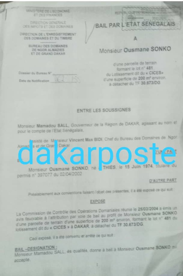 Ce bail que le candidat à la Présidentielle, Ousmane Sonko a "oublié" de...déclarer