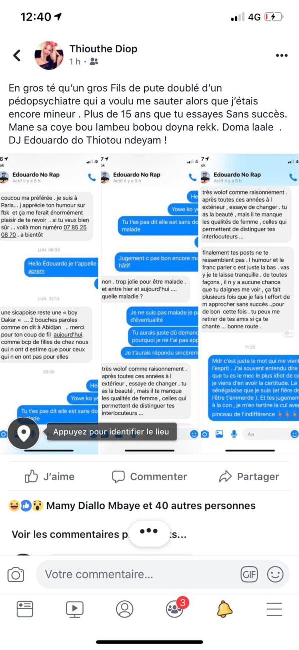 Les graves révélations de Thiouthe Diop :" Dj Edouardo m'harcèle depuis plus de 10 ans (...) Il me dit :"j'ai un gros sexe, je ne vais pas te faire mal (...)" Les graves révélations de Thiouthe Diop :" Dj Edouardo m'harcèle depuis plus de 10 ans (...) Il me dit :"j'ai un gros sexe, je ne vais pas te faire mal (...)"