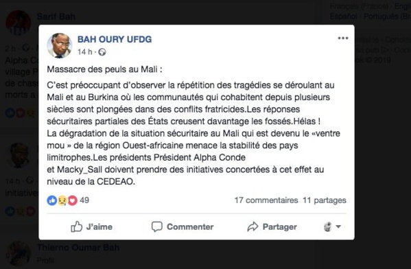 Plus de 100 peuls tués au Mali : Un opposant guinéen demande à Macky Sall d'intervenir Plus de 100 peuls tués au Mali : Un opposant guinéen demande à Macky Sall d'intervenir