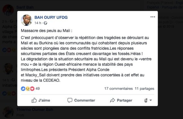 Plus de 100 peuls tués au Mali : Un opposant guinéen demande à Macky Sall d'intervenir