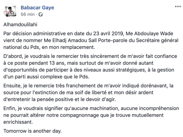 Babacar Gaye n'est plus porte parole du Pds... Sur décision de Me Abdoulaye Wade, Amadou Sall le remplace Babacar Gaye n'est plus porte parole du Pds... Sur décision de Me Abdoulaye Wade, Amadou Sall le remplace