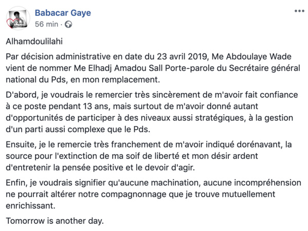 Babacar Gaye n'est plus porte parole du Pds... Sur décision de Me Abdoulaye Wade,  Amadou Sall le remplace