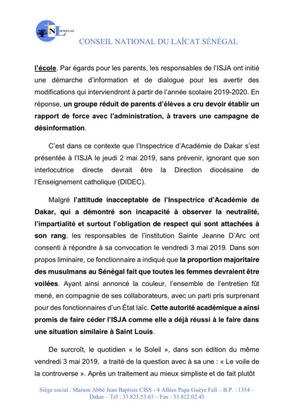 Port du voile : la réponse sèche des "laïcs de l'Église" à Mamadou Talla Port du voile : la réponse sèche des "laïcs de l'Église" à Mamadou Talla