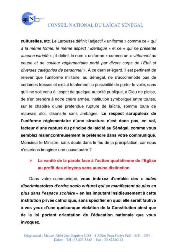 Port du voile : la réponse sèche des "laïcs de l'Église" à Mamadou Talla Port du voile : la réponse sèche des "laïcs de l'Église" à Mamadou Talla