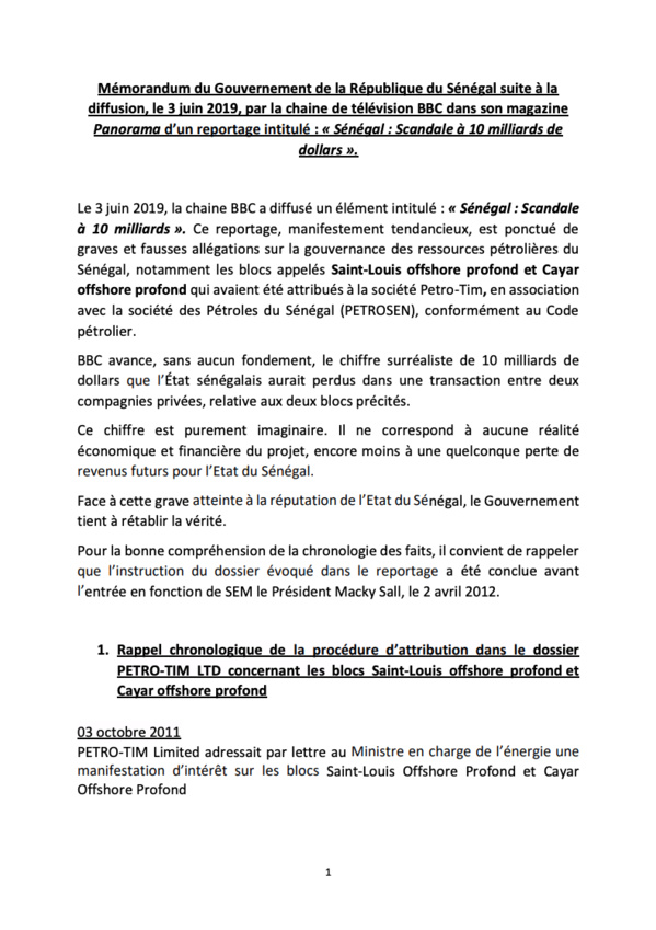 Voici en exclusivité le mémorandum du gouvernement Sénégalais sur le scandale à 10 milliards !