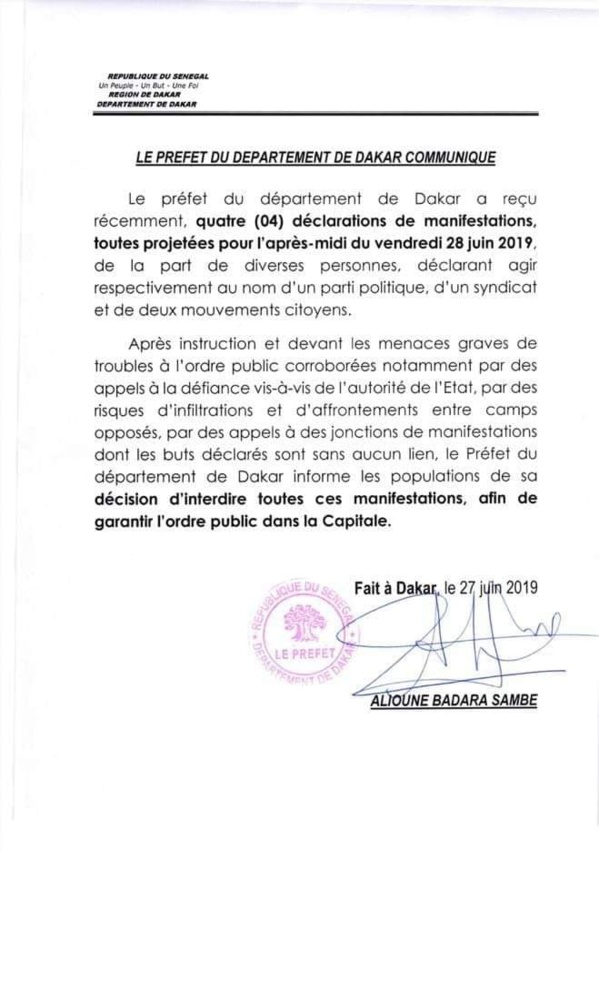 Toutes manifestations est interdite ( arrêté préfectoral)