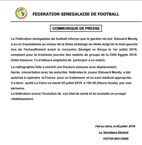 Les précisions de la fédération Sénégalaise de Football sur la blessure du gardien de but Édouard MENDY Les précisions de la fédération Sénégalaise de Football sur la blessure du gardien de but Édouard MENDY