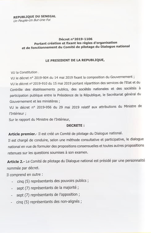 Conduite du dialogue national : Le président Macky Sall crée un comité de pilotage dirigée par une personnalité nommée par Décret. (DOCUMENT) Conduite du dialogue national : Le président Macky Sall crée un comité de pilotage dirigée par une personnalité nommée par Décret. (DOCUMENT)