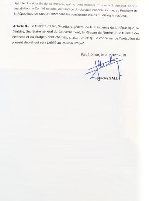 Conduite du dialogue national : Le président Macky Sall crée un comité de pilotage dirigée par une personnalité nommée par Décret. (DOCUMENT)