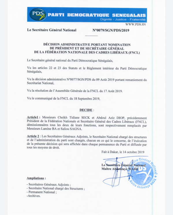 Voici le communiqué du Pds portant nomination de Lamine Ba et Saliou Sagna