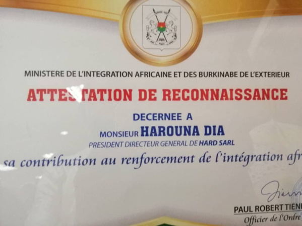 Intégration africaine - Le capitaine d'industries Harouna  Dia distingué par le Burkina Faso Intégration africaine - Le capitaine d'industries Harouna  Dia distingué par le Burkina Faso