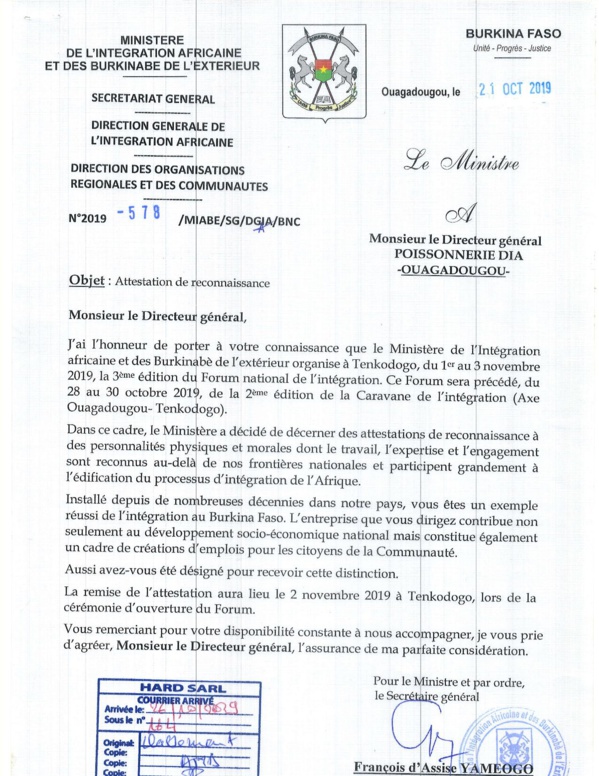 Voici la lettre du ministère de l'Intégration africaine qui honore Harouna Dia !