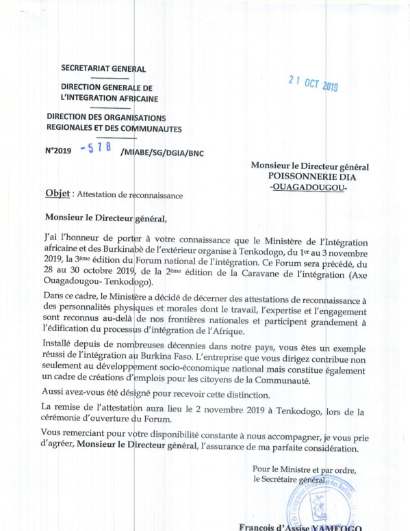Voici la lettre du ministère de l'Intégration africaine qui honore Harouna Dia !