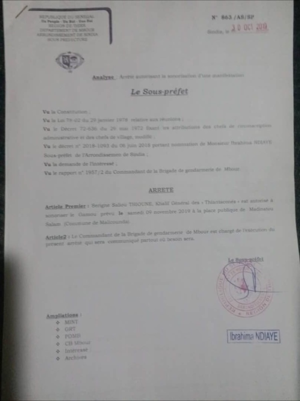 Médinatoul Salam: Le Sous préfet autorise la célébration du Gamou. Médinatoul Salam: Le Sous préfet autorise la célébration du Gamou.