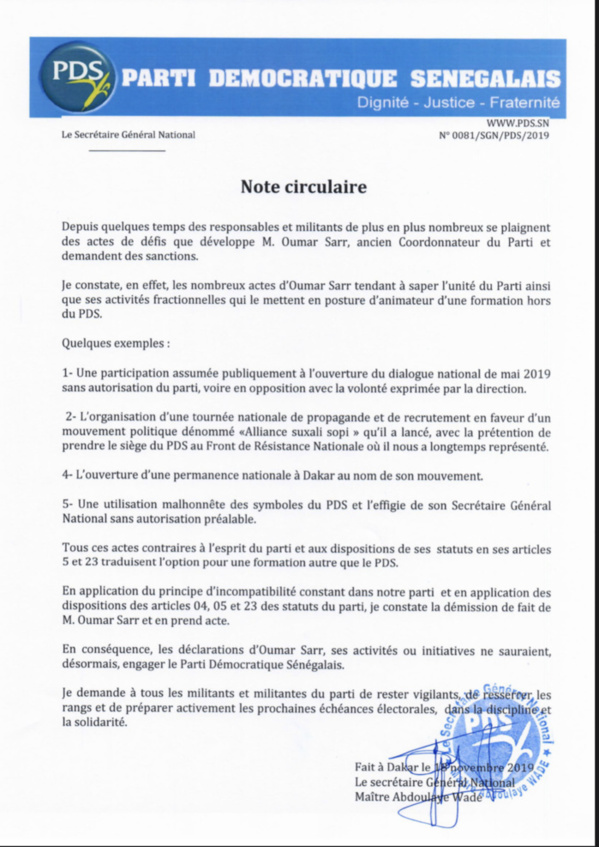PDS : Me Wade se démarque des sorties de Oumar Sarr et sanctionne... (DOCUMENT)