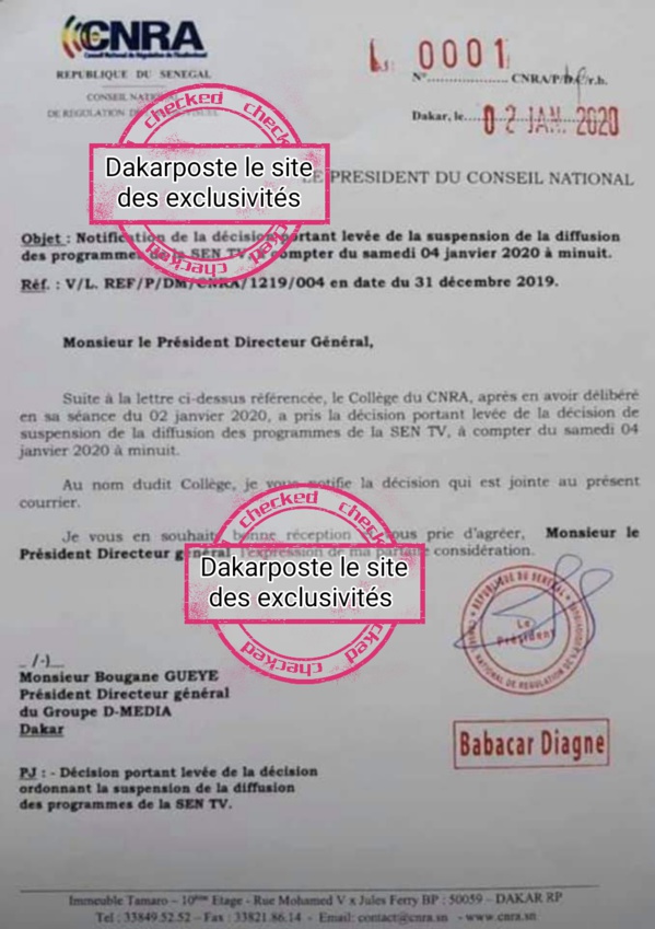 EXCLUSIVITÉ DAKARPOSTE ! Voici le document notifiant la décision de levée de la suspension des programmes de la SENTV EXCLUSIVITÉ DAKARPOSTE ! Voici le document notifiant la décision de levée de la suspension des programmes de la SENTV