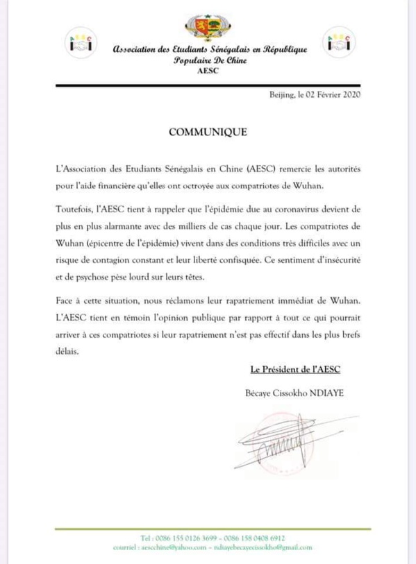 Coronavirus à Wuhan, épicentre de l'épidémie- Le cri de détresse des étudiants Sénégalais, qui réclament, encore, leur rapatriement (document)