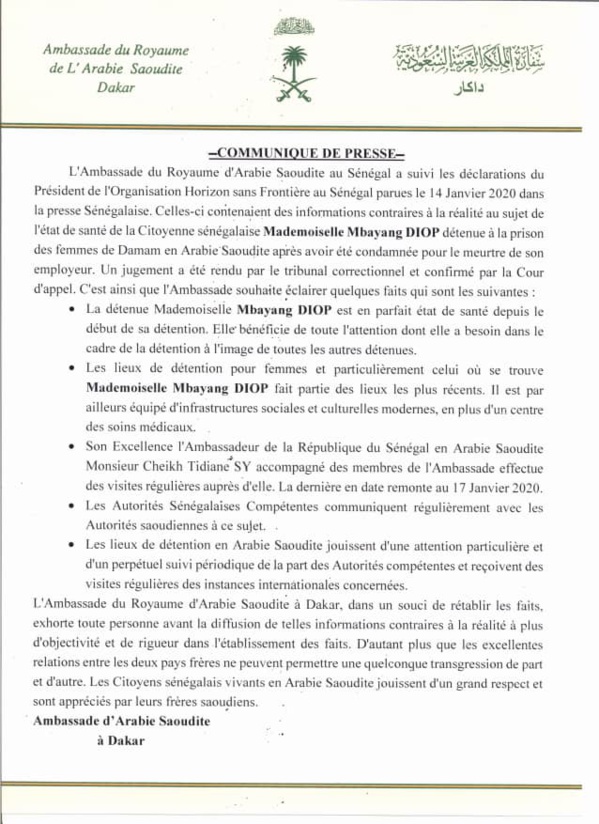 COMMUNIQUE DE PRESSE: L'Ambassade du Royaume d'Arabie Saoudite au Sénégal a suivi les déclarations du Président de l'Organisation Horizon sans Frontière au Sénégal COMMUNIQUE DE PRESSE: L'Ambassade du Royaume d'Arabie Saoudite au Sénégal a suivi les déclarations du Président de l'Organisation Horizon sans Frontière au Sénégal