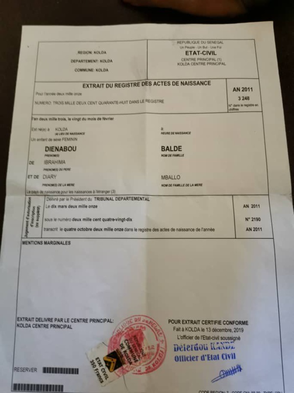 Qualifiée de majeure par Diop Iseg : Dieyna Baldé publie son extrait de naissance Qualifiée de majeure par Diop Iseg : Dieyna Baldé publie son extrait de naissance