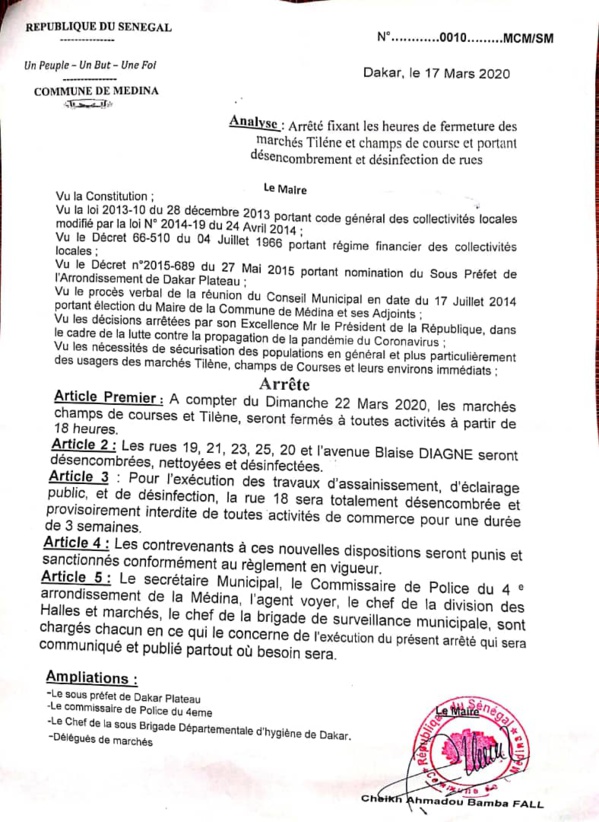 Médina : Le Maire ferme les marchés de Tilène et de Champs des courses à 18 heures à partir de dimanche (DOCUMENT) Médina : Le Maire ferme les marchés de Tilène et de Champs des courses à 18 heures à partir de dimanche (DOCUMENT)