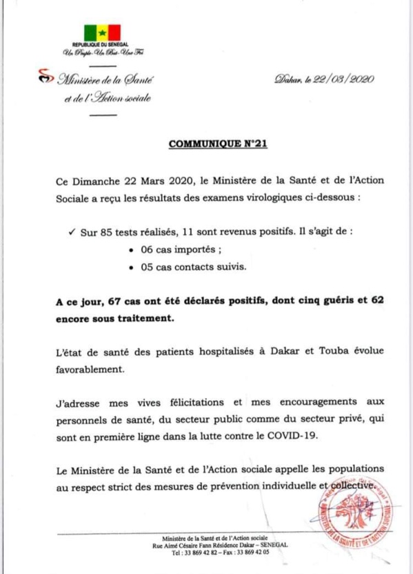 Coronavirus - 11 cas testés positifs au Sénégal