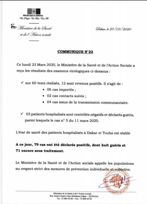 Sénégal : 12 nouveaux cas testés positifs au coronavirus, 3 nouveaux guéris...