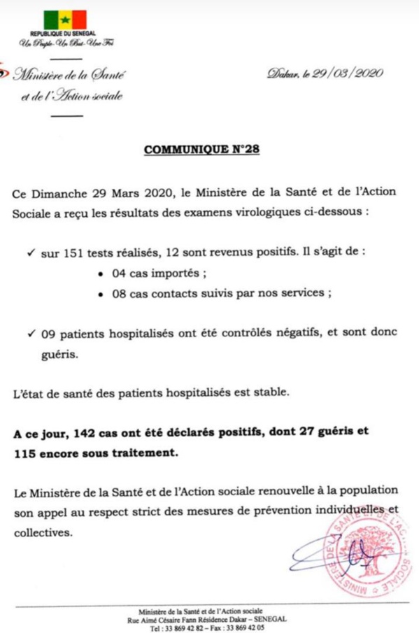 Le point sur la pandémie du Coronavirus au Sénégal- 12 nouvelles personnes testées positives, 9 guéris, mais...