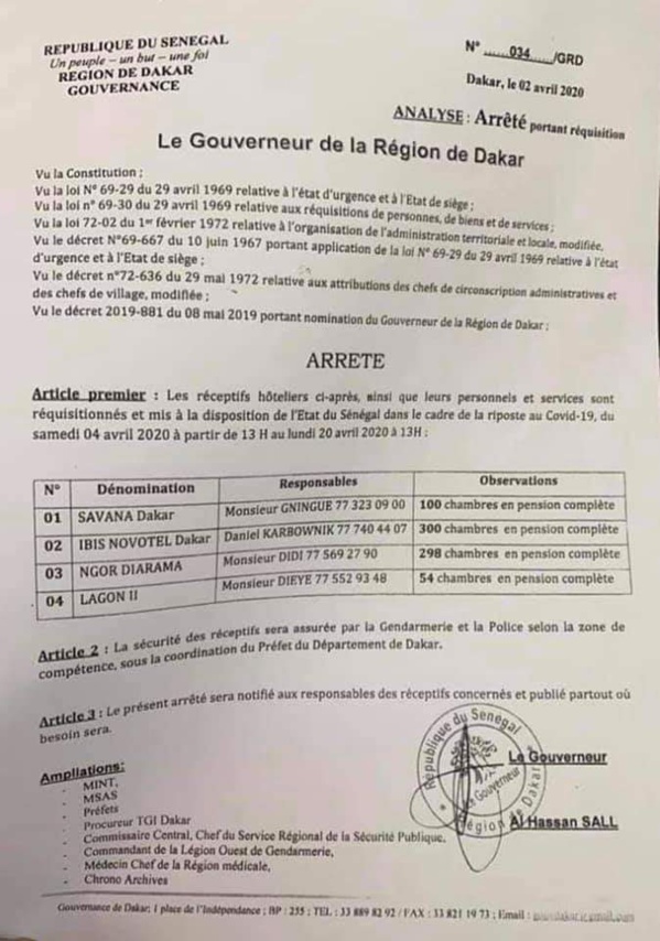 COVID-19 : Les hôtels Savana, Novotel, Ngor Diarama et Lagon II réquisitionnés pour les cas contact. (DOCUMENT) COVID-19 : Les hôtels Savana, Novotel, Ngor Diarama et Lagon II réquisitionnés pour les cas contact. (DOCUMENT)