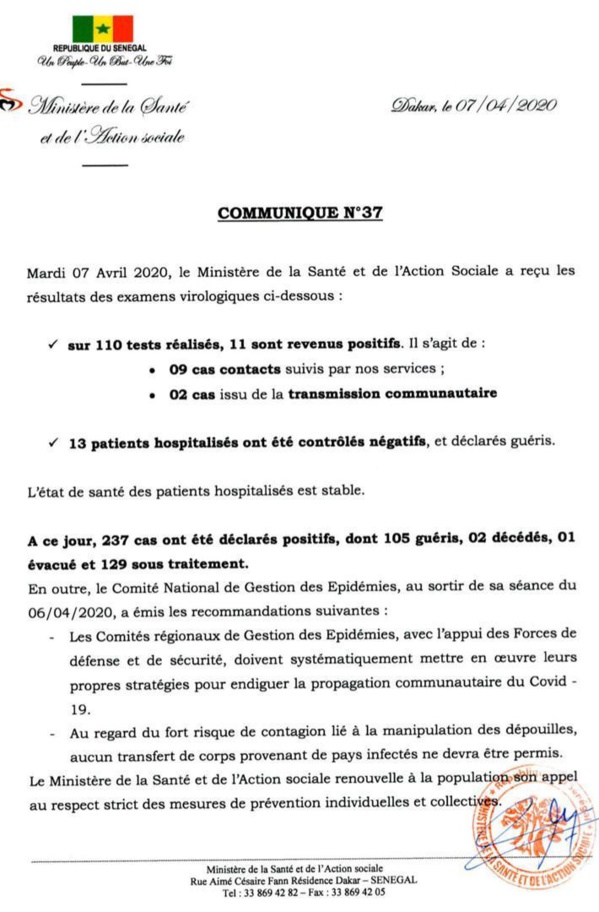 Sénégal- Encore  11 nouvelles personnes testées positifs au coronavirus