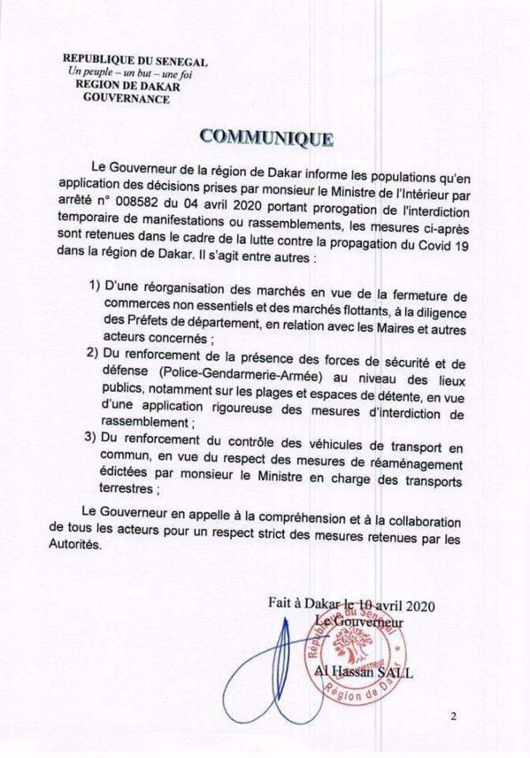 Le gouverneur de Dakar corse le contrôle (document) Le gouverneur de Dakar corse le contrôle (document)
