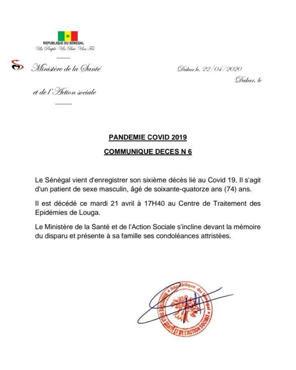 URGENT ! Le Sénégal enregistre un 6ème cas de décès (DOCUMENT) URGENT ! Le Sénégal enregistre un 6ème cas de décès (DOCUMENT)